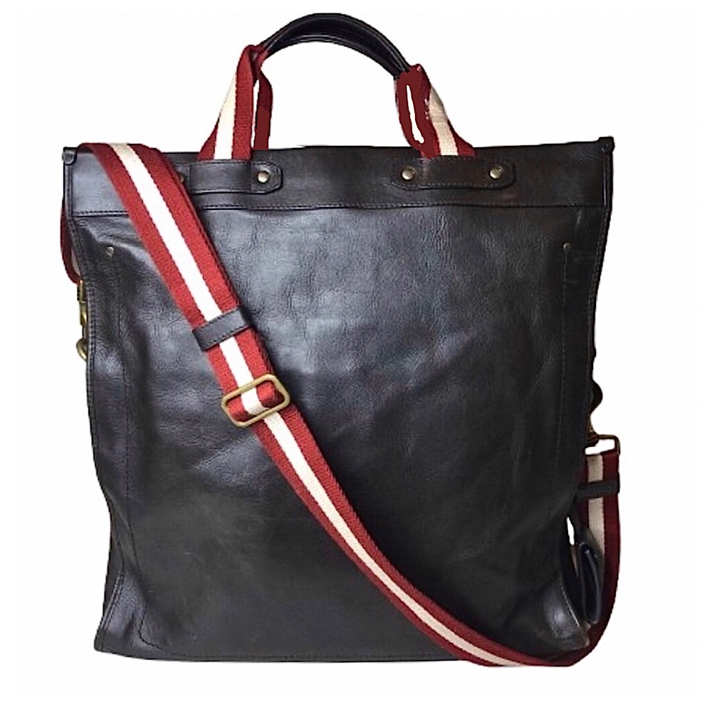 BALLY Mahogany Leather Trainspotting Work Bag w/ Red Striped Crossbody Strap